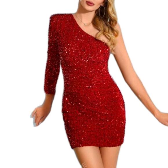 Red Sequin Sexy Bodycon One Shoulder Mini Cocktail Party Dress Size XS - Picture 1 of 11